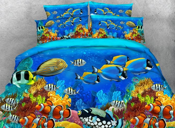 Unterwasser-Seefisch-Landschaft, bedruckt, 4-teilig, 3D-Bettwäsche-Sets, Reißverschluss, farbecht, kreativer Bettbezug