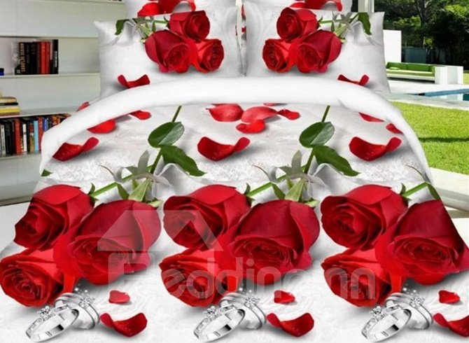 Romantic Red Rose and Ring Print 4-Piece Polyester Duvet Cover Sets