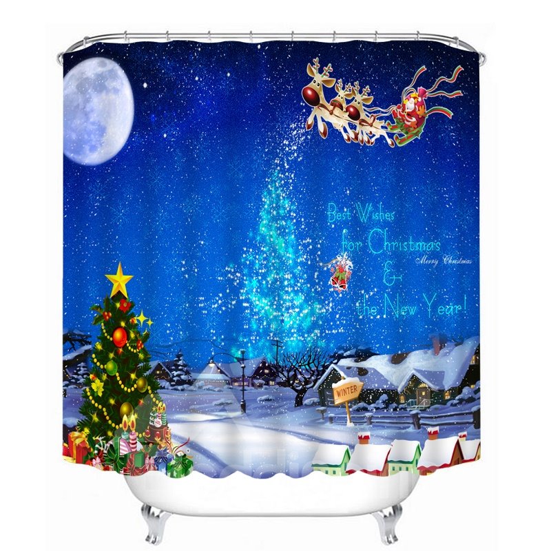 Cortina de ducha 3D para baño con tema navideño con estampado de renos y Papá Noel en el cielo