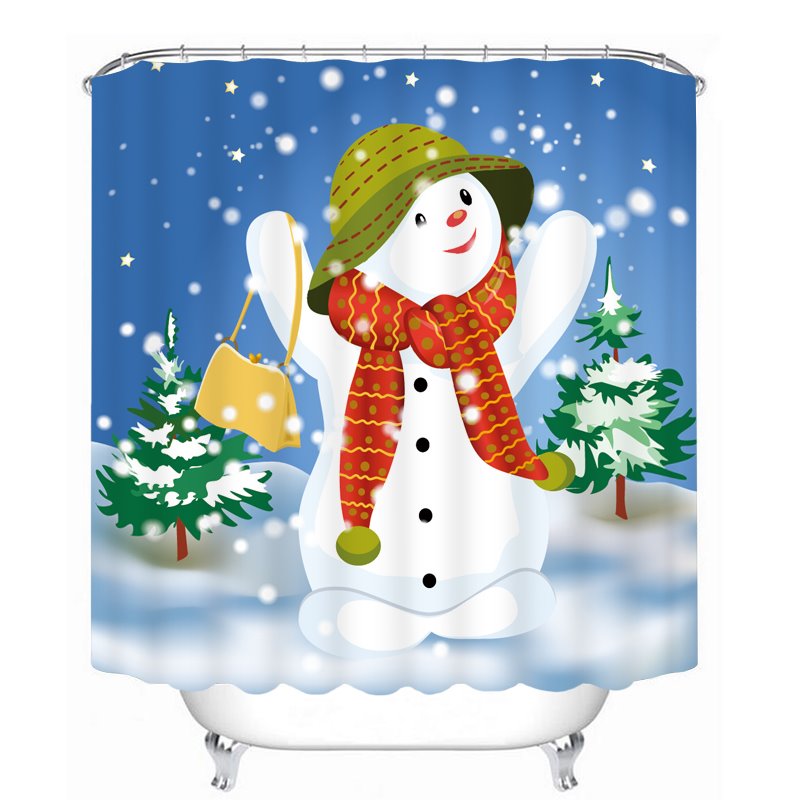 Cheerful Snowman with Red Scarf Printing Bathroom 3D Shower Curtain