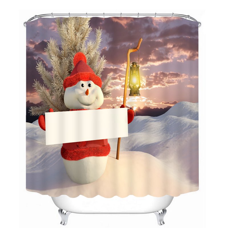 Schneemann hält eine weiße Tafel und druckt weihnachtlichen 3D-Duschvorhang für das Badezimmer