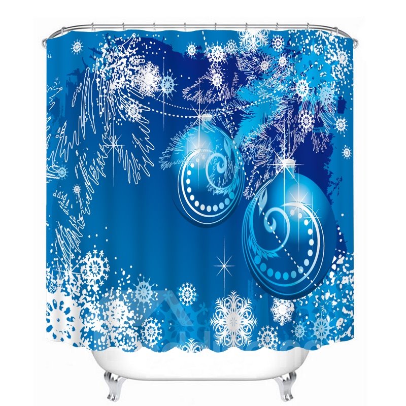 Cortina de ducha 3D para baño con impresión de bolas navideñas azules de ensueño
