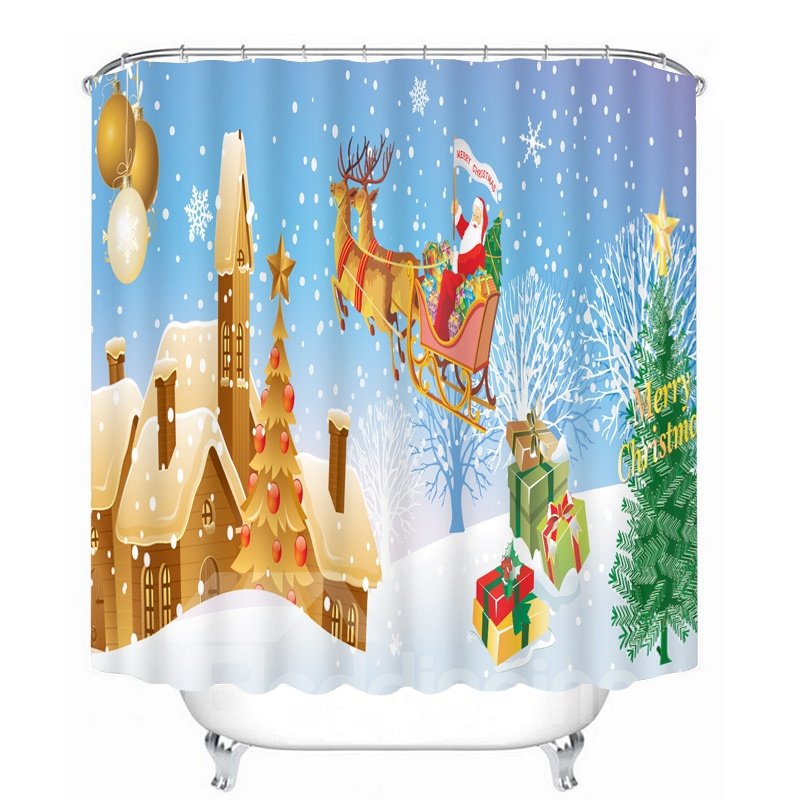 Cortina de ducha 3D para baño con tema navideño con estampado de Castillo volador de renos montando Papá Noel