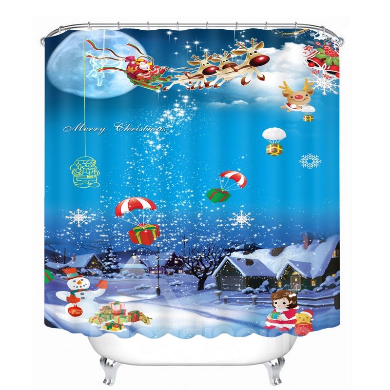 Cartoon Santa Riding Reindeer Drop Gift Printing Bathroom 3D Shower Curtain