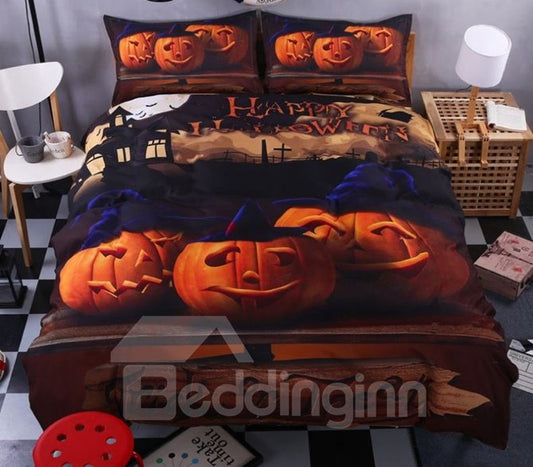 3D lächelnde Halloween-Kürbisse, bedrucktes 4-teiliges Polyester-Bettwäsche-Set/Bettbezüge