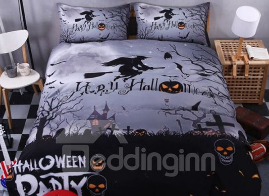 3D-Halloween-Hexe und Totenkopf bedrucktes 4-teiliges Polyester-Bettwäsche-Set/Bettbezüge