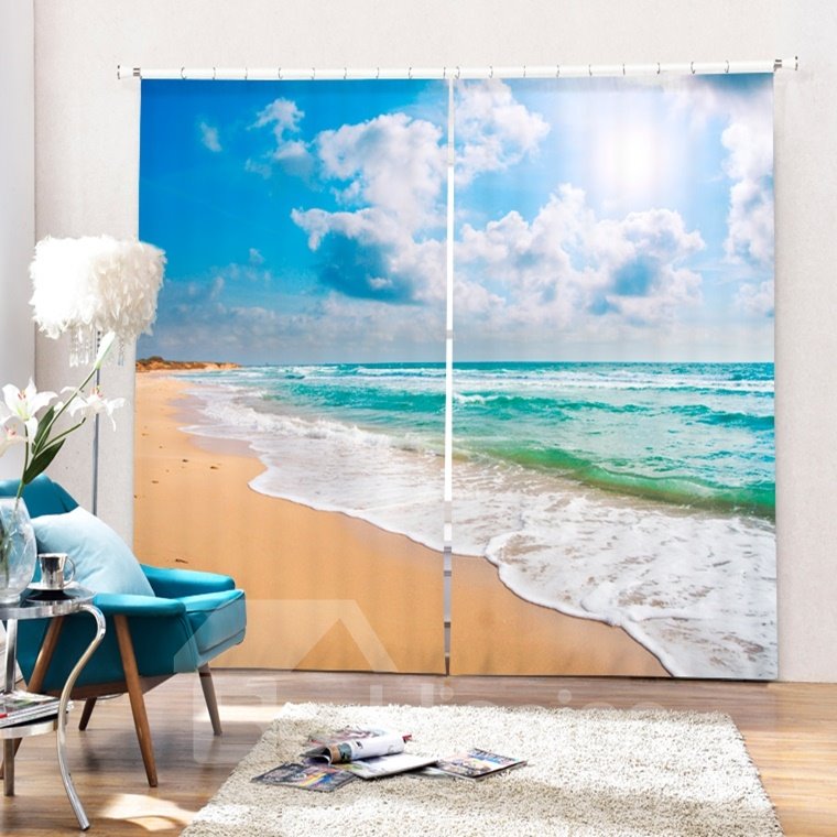 Cortina de sala de estar personalizada con paisaje de playa impreso con ondas y nubes blancas en 3D