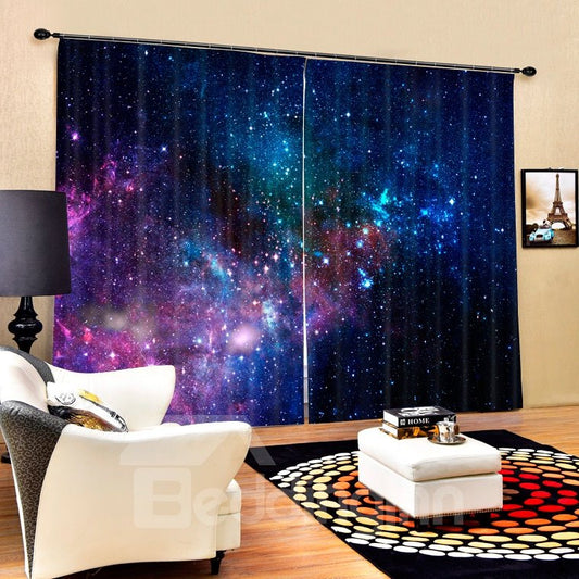 3D Gorgeous Dark Blue Galaxy Printed Polyester Blackout Custom 2 Panels Shades Curtain