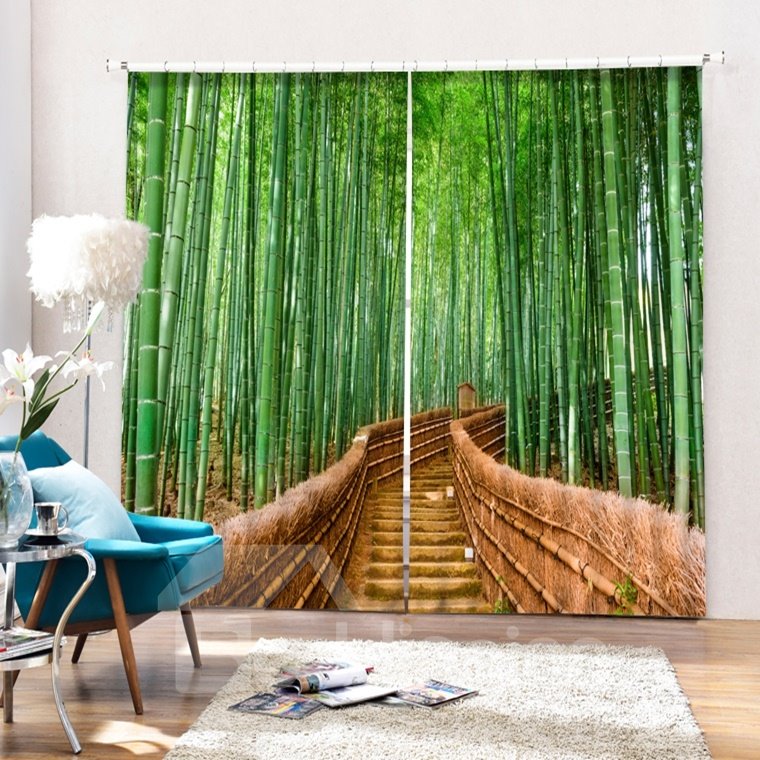 Green Bamboo on both Sides of the Path Printed 2 Panels Custom 3D Curtain