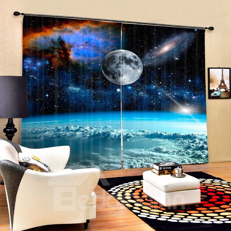 Cortina 3D personalizada decorativa con 2 paneles impresos con imagen realista del espacio de la superficie del planeta