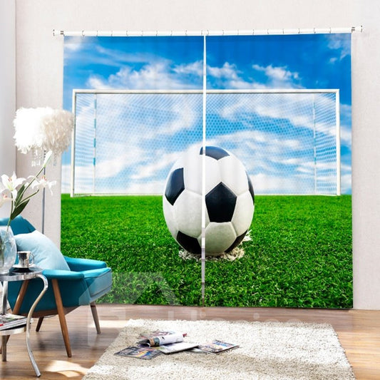 Una cortina 3D con impresión de área de portería de fútbol