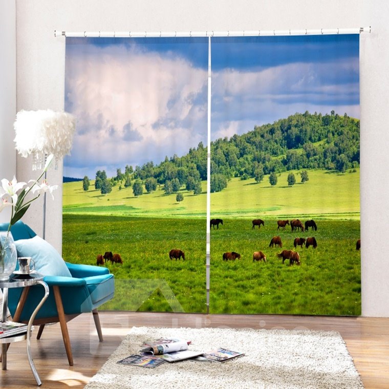 Vaca comiendo hierba en el campo imprimiendo cortina 3D