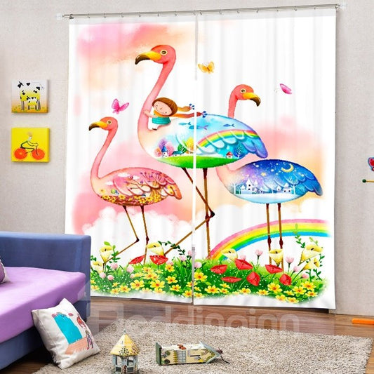 3D-Cartoon-Mädchen und schöne Flamingos bedruckter Cartoon-Stil Baby-Schlafzimmer-Vorhang