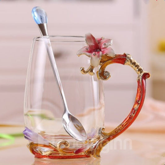 Taza de té con cuchara, vaso con diseño de lirio, esmaltes hechos a mano creativos 