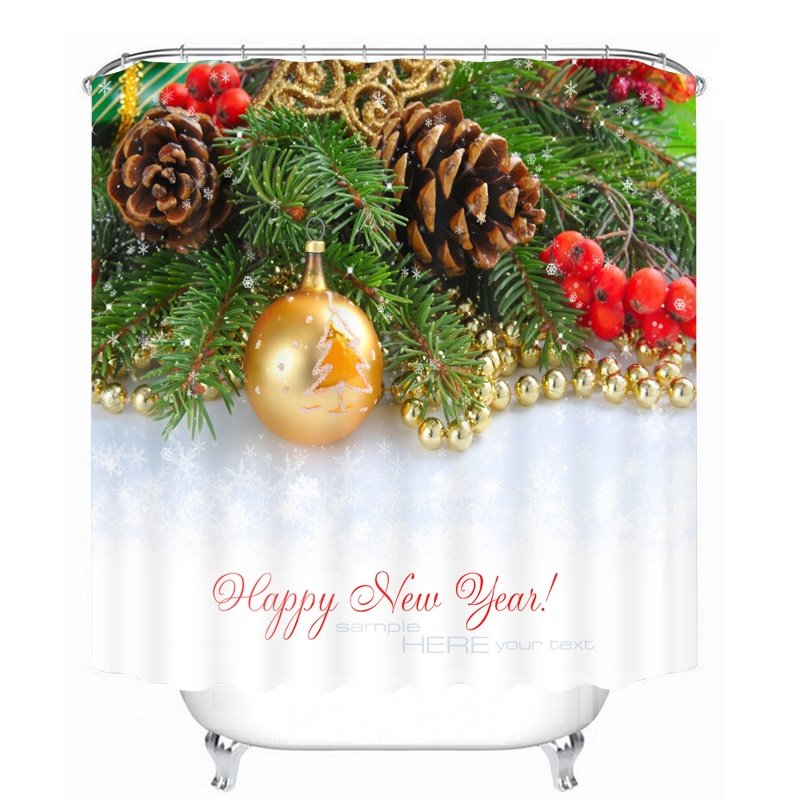 Golden Christmas Balls and Pine-Cone Printing Christmas Theme 3D Shower Curtain