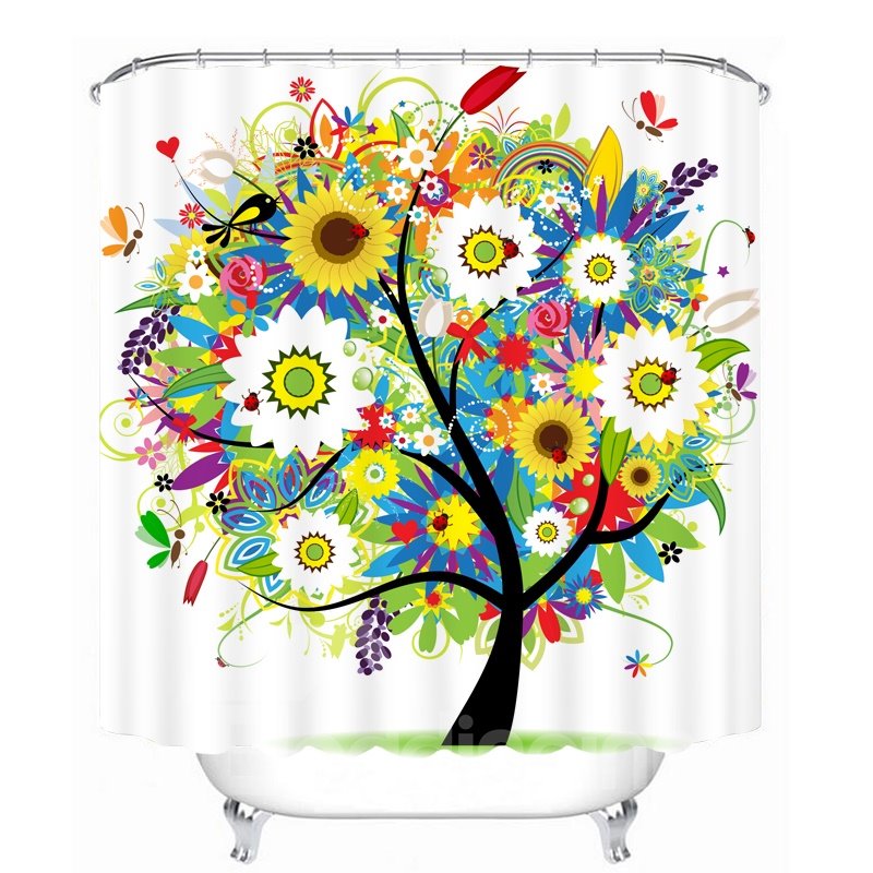 Cortina de ducha 3D con estampado de árboles y flores de colores maravillosos