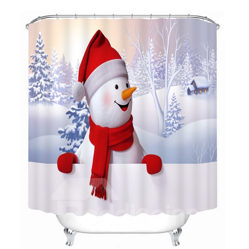 Niedlicher Schneemann mit rotem Schal und Handschuhen, lächelnder 3D-Duschvorhang mit weihnachtlichem Druck