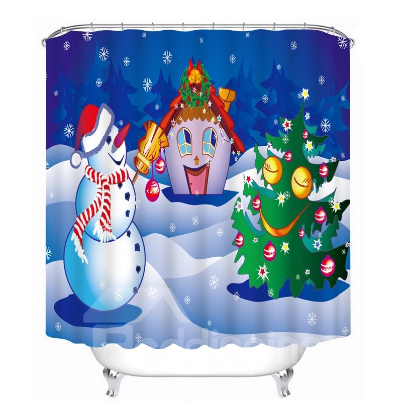 Cartoon Snowman Playing with Christmas Tree and Cabin Printing Christmas Theme 3D Shower Curtain