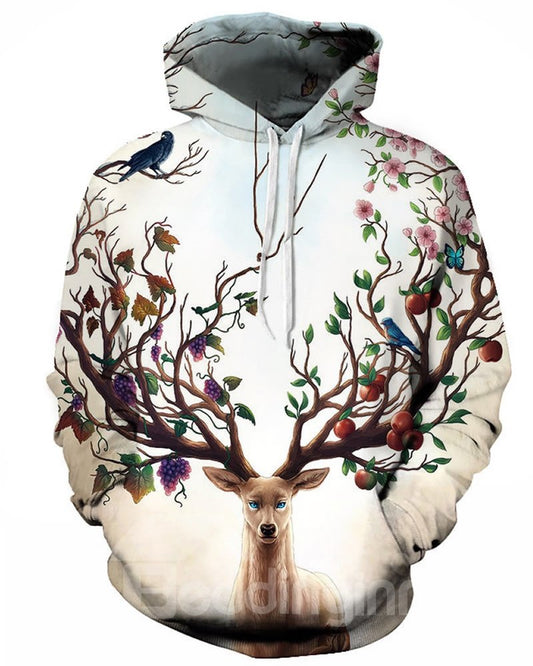 Sudadera con capucha pintada en 3D con estampado de árbol de ciervo floral de manga larga