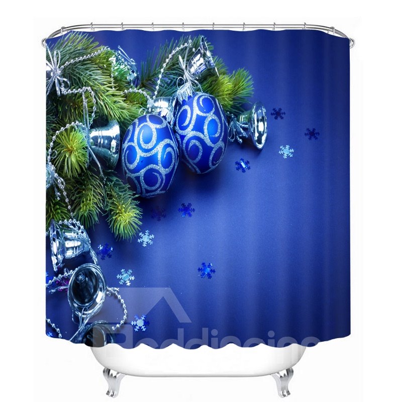 Cortina de ducha 3D para baño con estampado de bolas y campanas navideñas azules