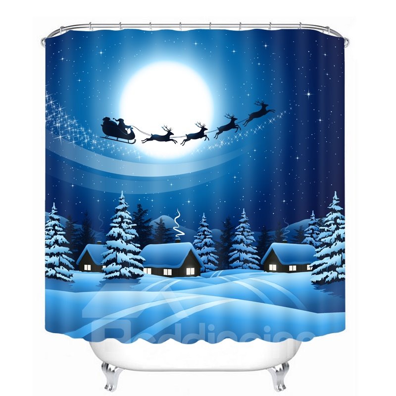 Cortina de ducha 3D para baño con tema navideño con estampado de renos y la sombra de Papá Noel
