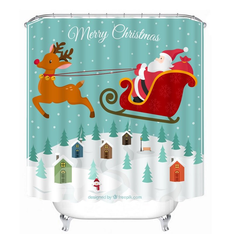 Clip Art Santa Riding Reindeer in the Air Printing Christmas Theme Bathroom 3D Shower Curtain