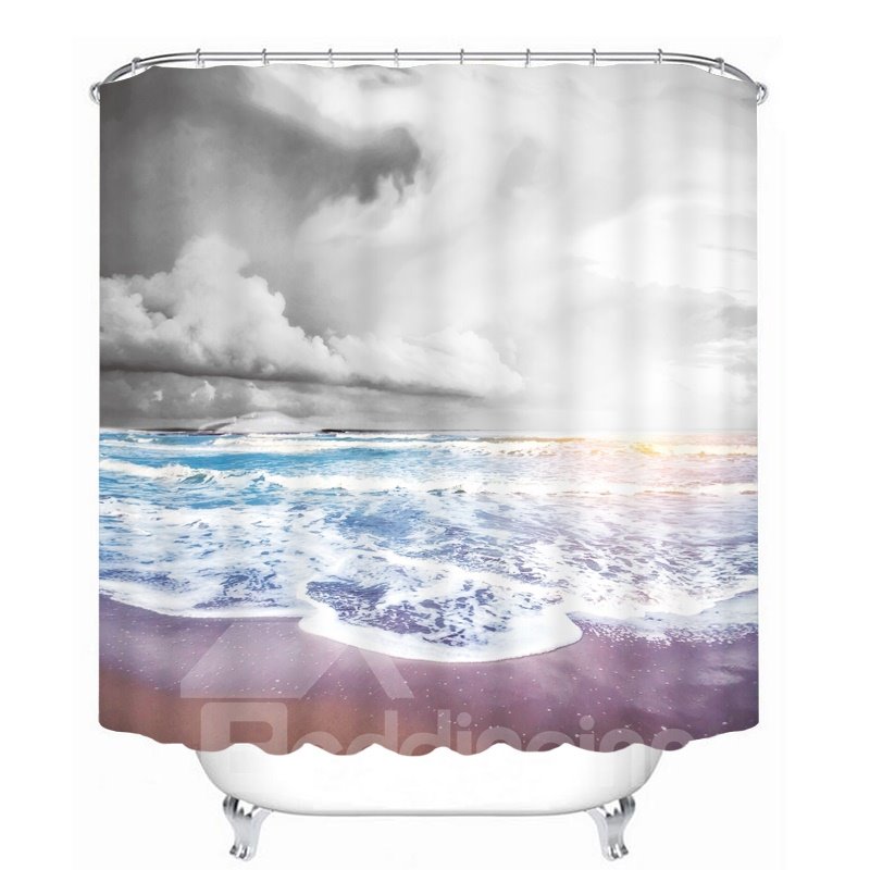 Cortina de ducha 3D para baño con impresión de nubes oscuras y océano azul