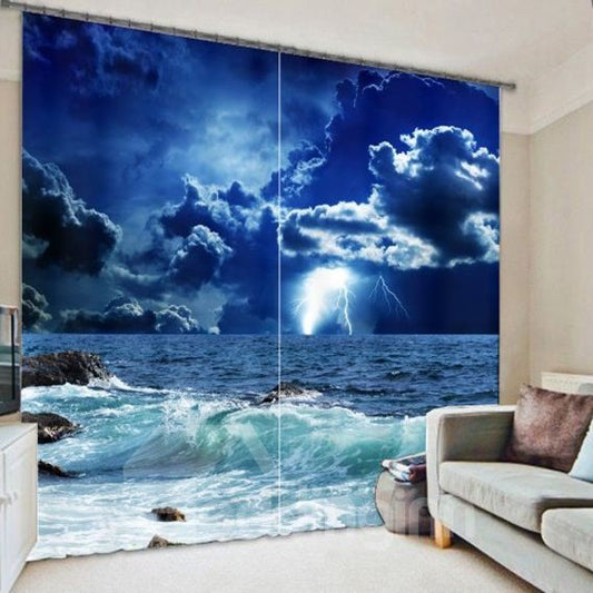 Cortina 3D personalizada decorativa de poliéster grueso con impresión de noche oscura y cielo azul con tormenta