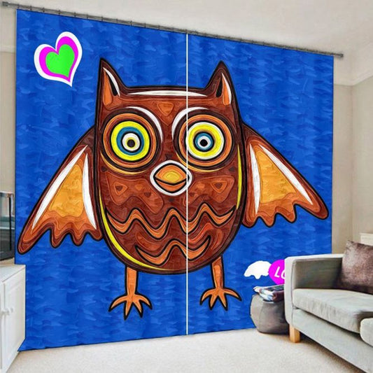 Cortina 3D decorativa y sombreada de poliéster grueso con estampado de búho de dibujos animados lindo y encantador