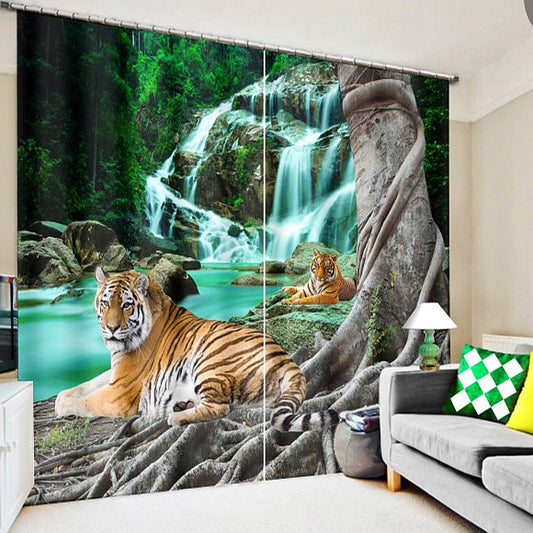 Cortina opaca personalizada con estampado de tigres agazapados cerca de la cascada en 3D para sala de estar