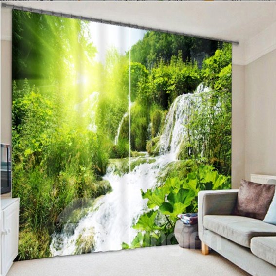 3D Thick Forest and Waterfalls Printed 2 Panels Living Room Blackout Custom Curtain