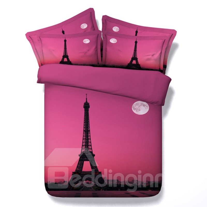 Juegos de cama rosa de 4 piezas de poliéster 3D con estampado de la Torre Eiffel de París y la luna