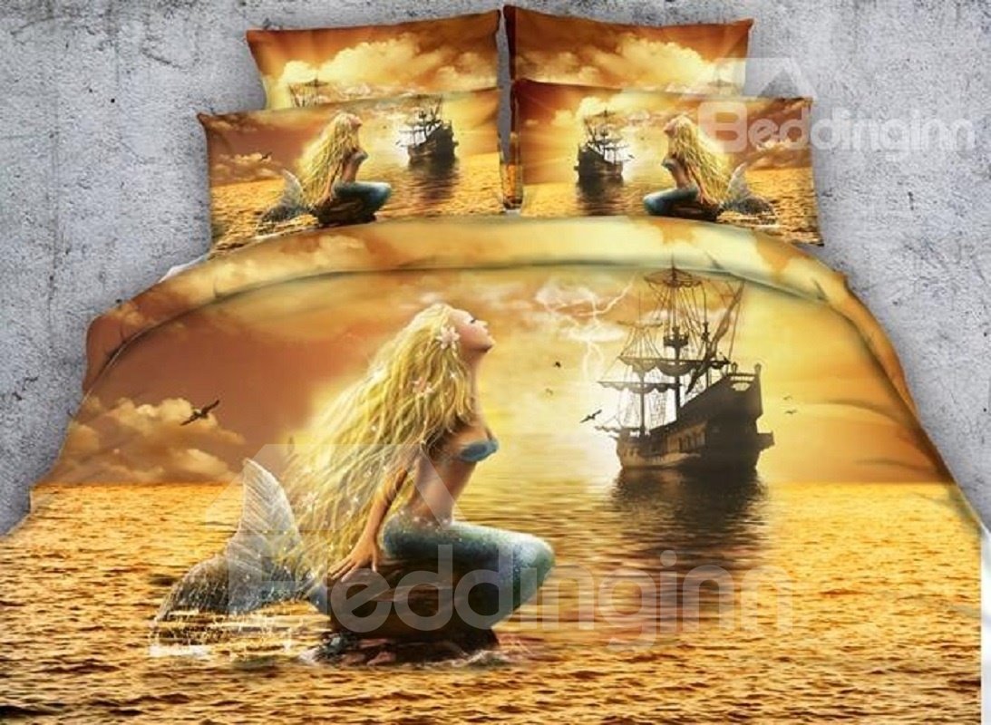 Bettwäsche-Set mit 3D-Ozean-Geisterschiff- und Meerjungfrau-Aufdruck, gelbes 4-teiliges Bettbezug-Set, weiches, lichtbeständiges Polyester