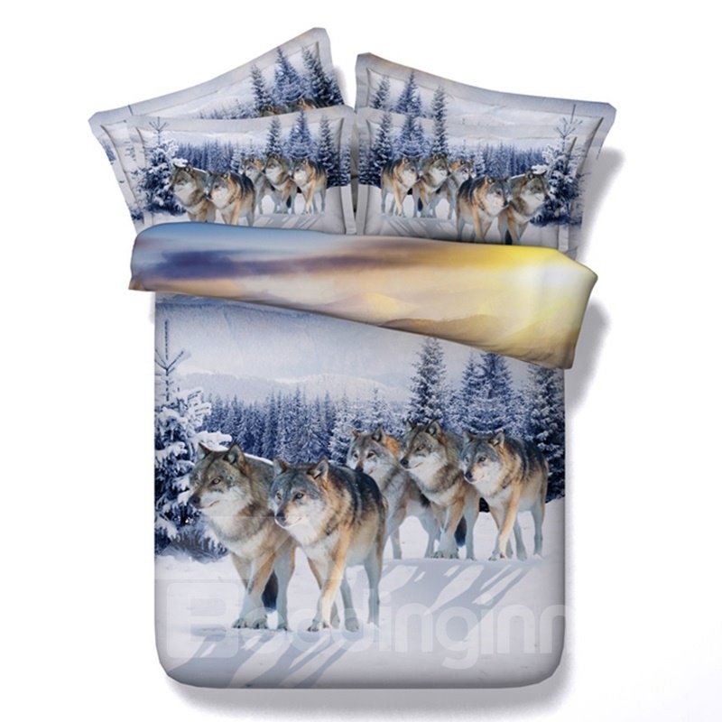 Snow Wolf Printed Polyester 4-Piece 3D Bedding Sets/Duvet Covers