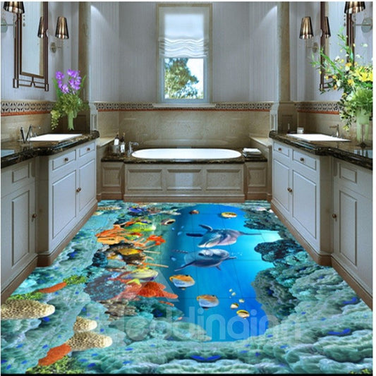 Murales de suelo 3D impermeables con delfines y corales del océano