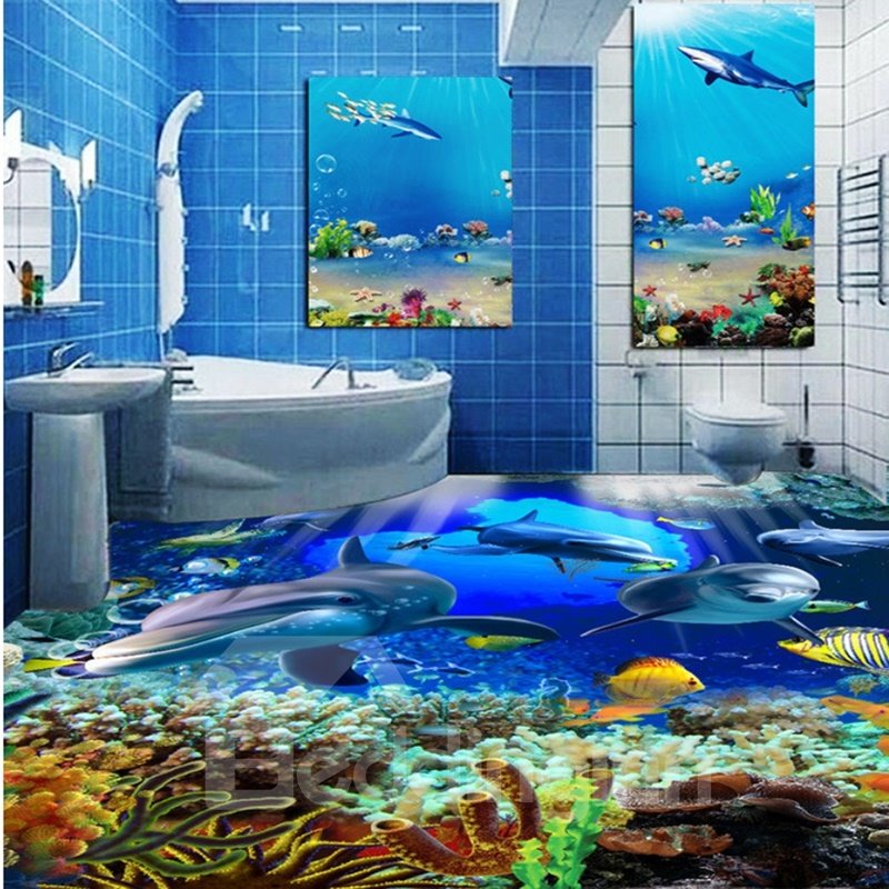 Awesome Dolphins in the Sea Painting Wallpaper Splicing Waterproof 3D Floor Murals