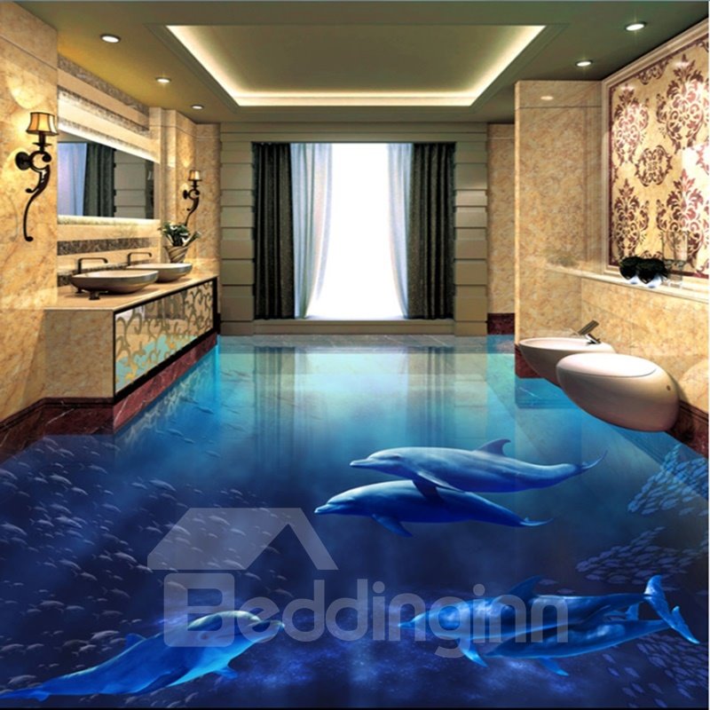 3D Blue Sea and Dolphins Printed Waterproof Sturdy Non-slip Eco-friendly Floor Murals
