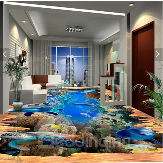 Murales de suelo 3D impermeables con patrón de delfines y tortugas de diseño moderno creativo