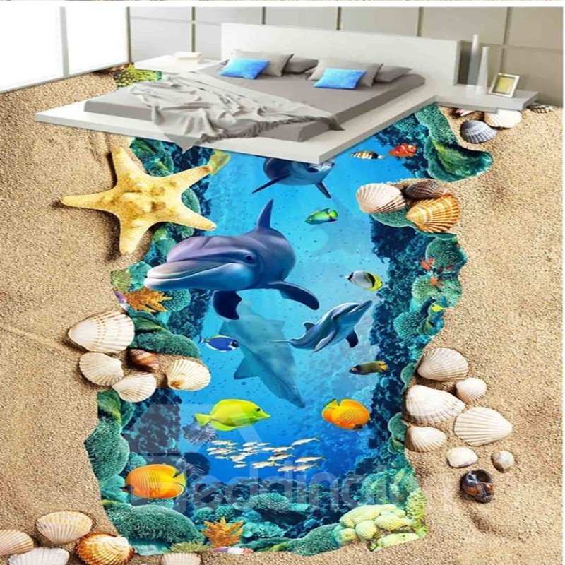 Maravilloso delfín en el mar y la playa, papel tapiz con paisaje, murales de suelo 3D impermeables