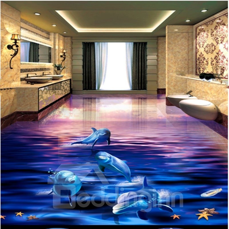 Preciosos murales de suelo 3D decorativos con empalme impermeable y paisaje marino con delfines al atardecer