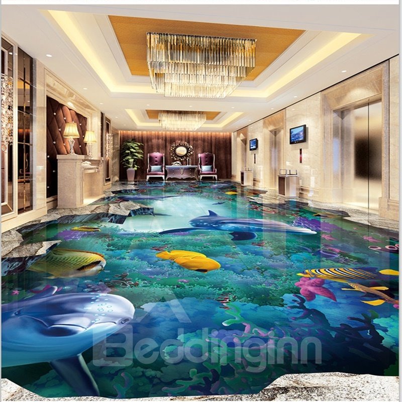 3D Dolphins and Fishes Swimming in Sea Waterproof Sturdy and Eco-friendly Floor Murals