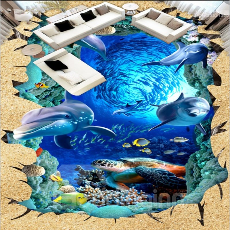 Blaue, moderne Design-Delfine und Schildkröten in einem kaputten Loch, wasserfeste 3D-Bodenwandbilder