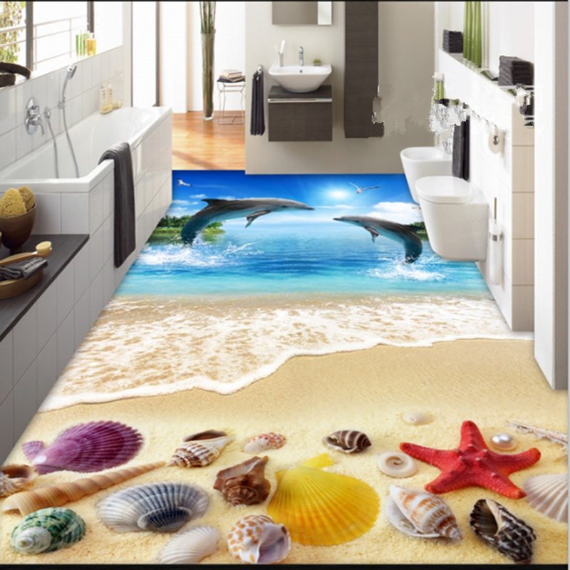 Murales de suelo 3D impermeables decorativos para el hogar con diseño de dos delfines encantadores jugando con conchas marinas