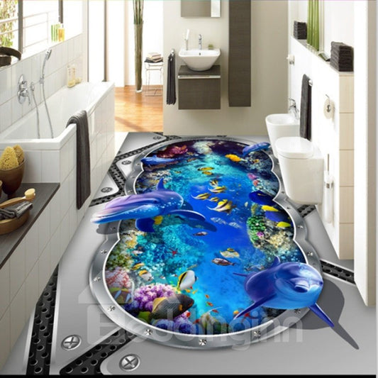 Murales de suelo impermeables 3D con estampado de delfines, peces y plantas en forma de submarino