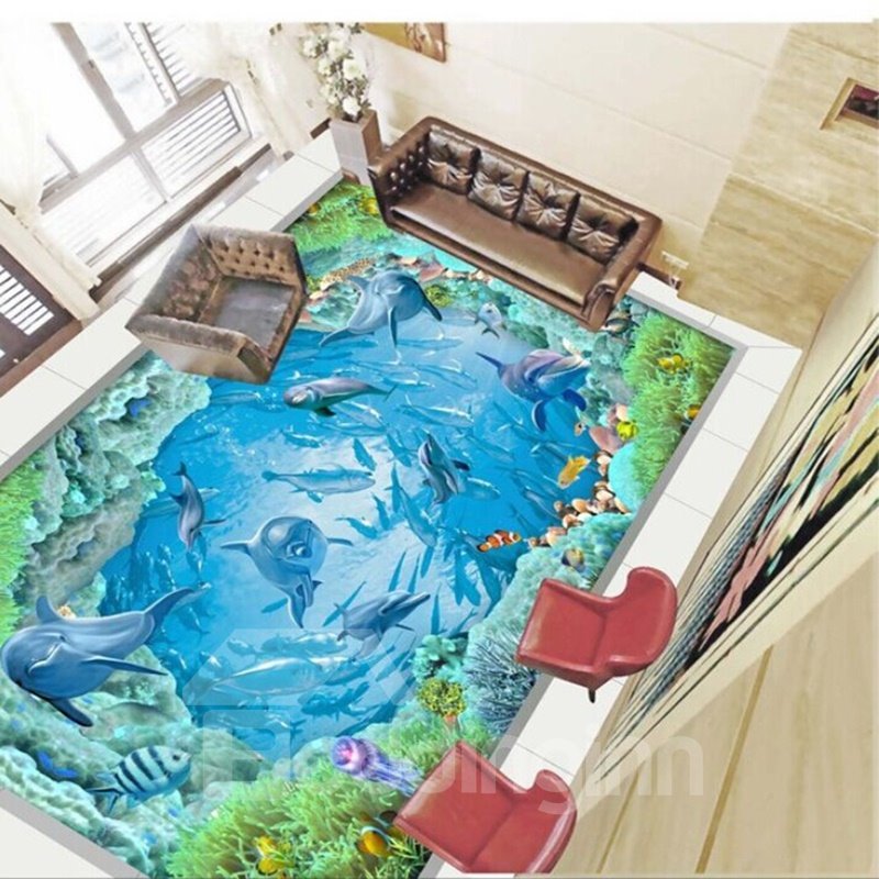 Amusing a School of Dolphins Playing in the Sea Pattern Splicing Waterproof 3D Floor Murals