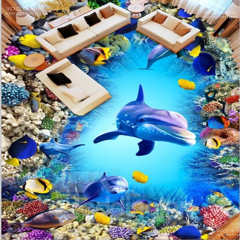 Ausgefallene Design-Tapete mit Delfin- und Fischmuster, die wasserdichte 3D-Bodenwandbilder verbindet