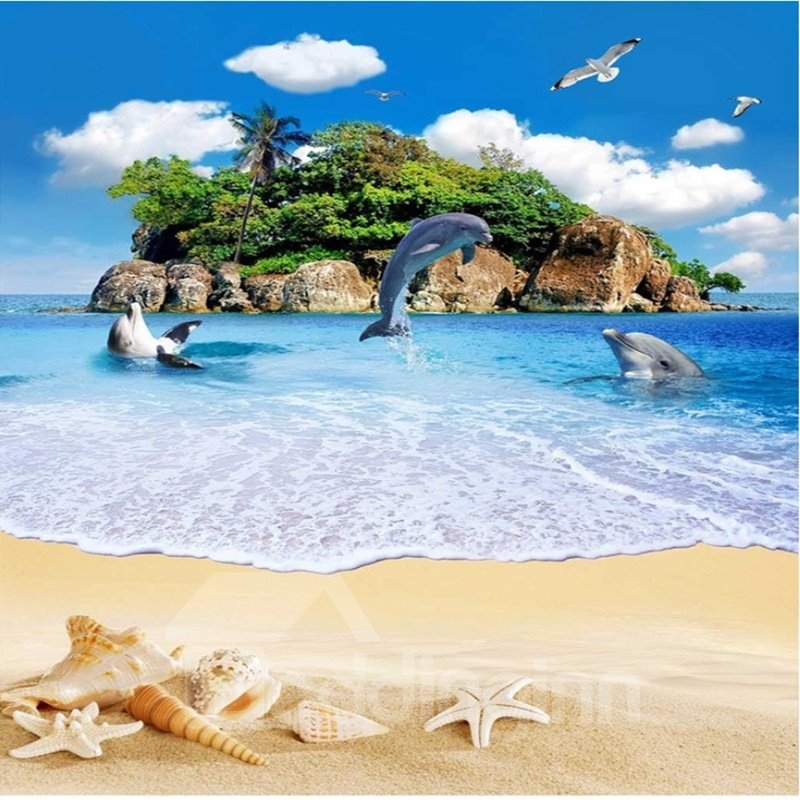 3D-Bodenwandbilder im europäischen Stil mit blauem Himmel und spielenden Delfinen am Meer, wasserdichte, individuelle Größe