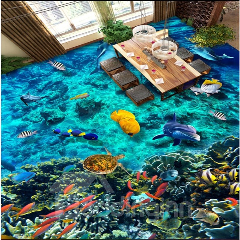 Murales de suelo 3D impermeables y antideslizantes con diseño de vida marina abundante en el mar azul