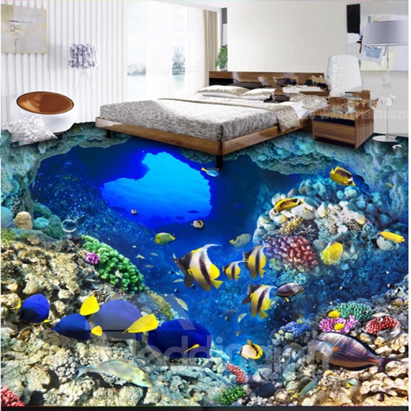 Modern Fashion Design Blue Sea and Fishes Pattern Wearproof Decorative 3D Floor Murals