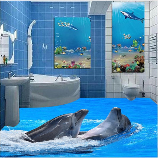 Murales de suelo 3D impermeables y antideslizantes con estampado de dos delfines encantadores jugando en el mar